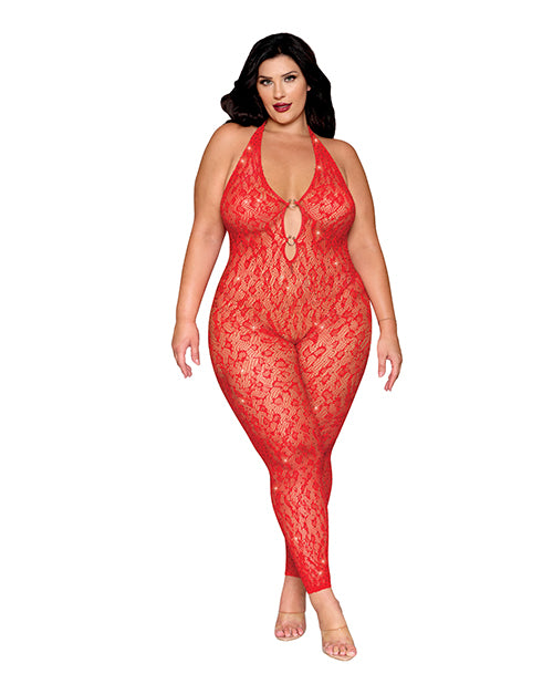 Black Diamond Leopard Pattern Seamless Bodystocking w/Gold Details - Red QN