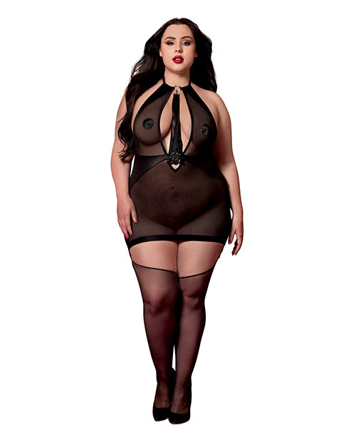 Red Diamond Stretch Mesh and Faux Leather Gartered Chemise w/Removable Flogger - Black QN
