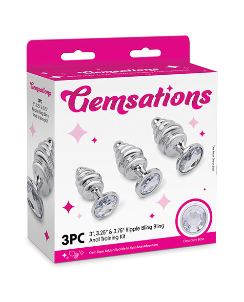 Gemsations Gemsations 3 pc 2.95" & 3.25" & 3.7" Ripple Bling Bling Metal Butt Plug Training Set - Silver