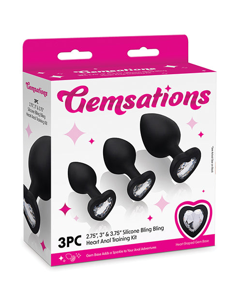 Gemsations Gemsations 3 pc 2.75" & 3.15" & 3.7" Silicone Bling Bling Heart Butt Plug Training Set - Black