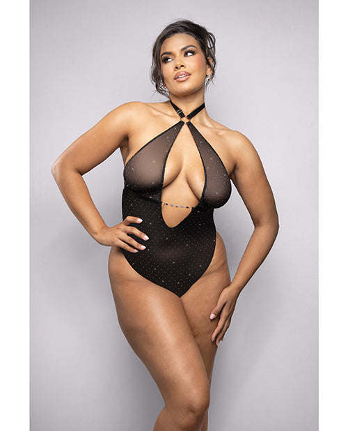 Radiance by Fantasy Rhinestone Mesh Halter Teddy w/Jeweled Center Strap - Black 1X/2X
