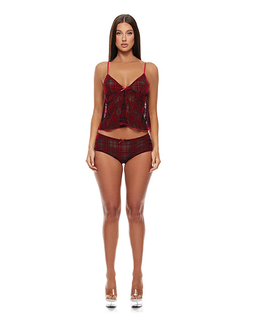Forplay Velvet Lines Mesh Cami & Boy Short 2 pc Set - Red/Black SM
