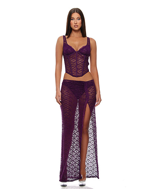 Forplay Feel Me Lace Bustier, Panty, & Skirt 3 pc set - Purple LG