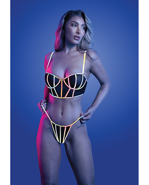 Glow by Fantasy Lingerie Solar Flare Flash Reflective Binding Underwire Bra & Thong - Black S/M