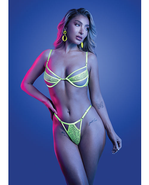 Glow by Fantasy Lingerie Mind Control UV Reactive Lace and Mesh Underwire Bra & Thong - Neon Green L/XL
