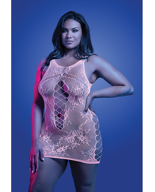 Glow by Fantasy Lingerie Magnetism Glow-in-the-Dark Lace Knit Dress; Glows Pink - White QN