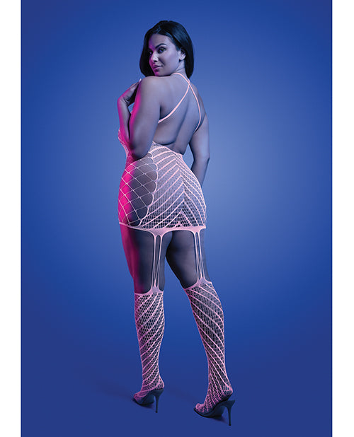 Glow by Fantasy Lingerie Metamorphic Glow-in-the-Dark Bodystocking Dress; Glows Pink - White QN