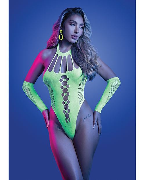 Glow by Fantasy Lingerie Pressure Point UV Reactive Rhinestone Studded Teddy & Gloves/Leg Warmers 2 pc Set - Neon Green O/S