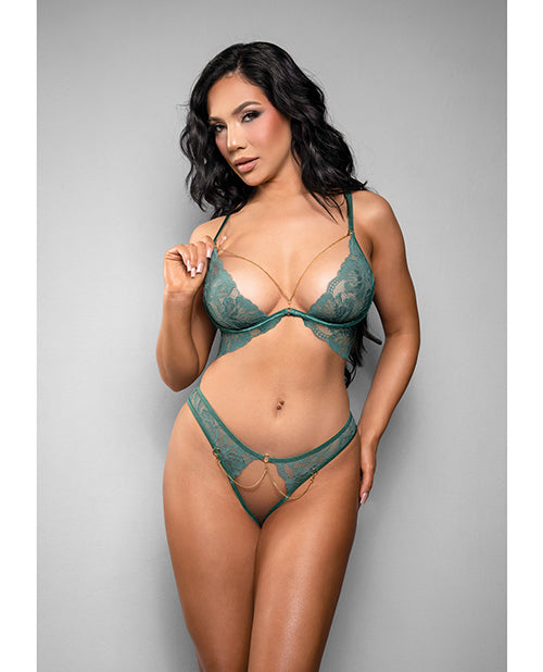 Temptress by Fantasy Temptress Aerin Lace Bra w/Removable Chain & Panty 2 pc Set - Green S/M