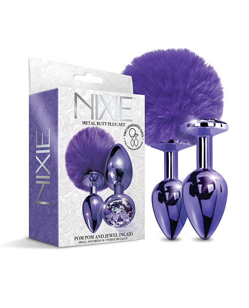 Nixie Nixie Metal Butt Plug Set w/Jewel Inlaid & Pom Pom - Purple Metallic