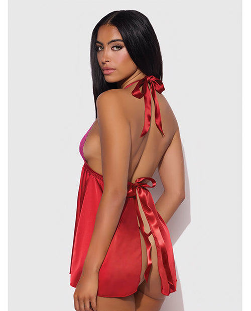 House of Desire Jocelyn Lace & Satin Halter Mini Babydoll Dress w/Thong - Raspberry LG
