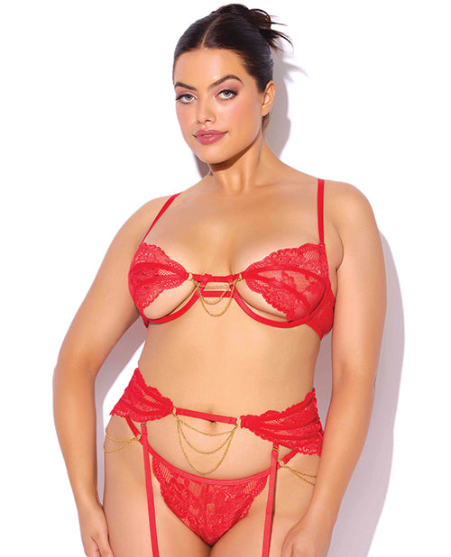House of Desire Cecily Lace Cut-Out Bra & Thong w/Garter Straps - Red 1X/2X