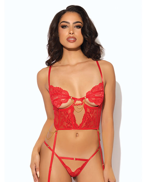 House of Desire Cecily Lace & Mesh Bustier w/Thong & Garter Straps - Red SM