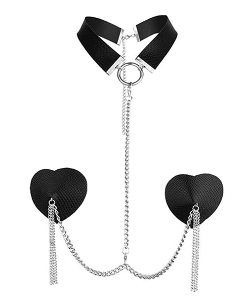 Nipplicious Nipplicious Dominatrix Leather Collar & Pasties w/Chain - Black