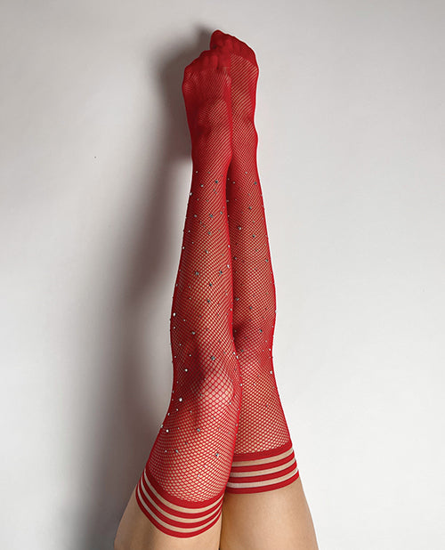 Kixies Kix'ies Joely Fishnet Rhinestone Thigh High Red A