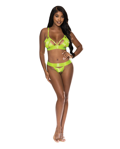 Exposed Strap-Tease Bra & Crotchless Panty Neon Yellow S/M