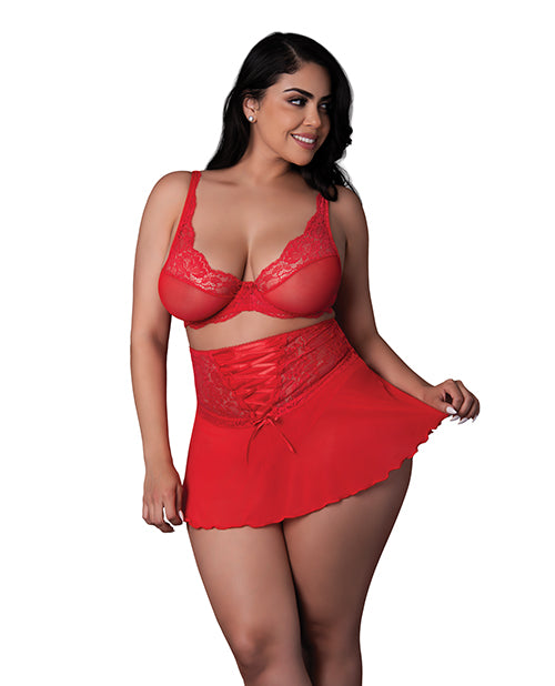 Exposed Sugar High Bralette w/Cincher Skirt & Thong 3 pc Set - Red QN