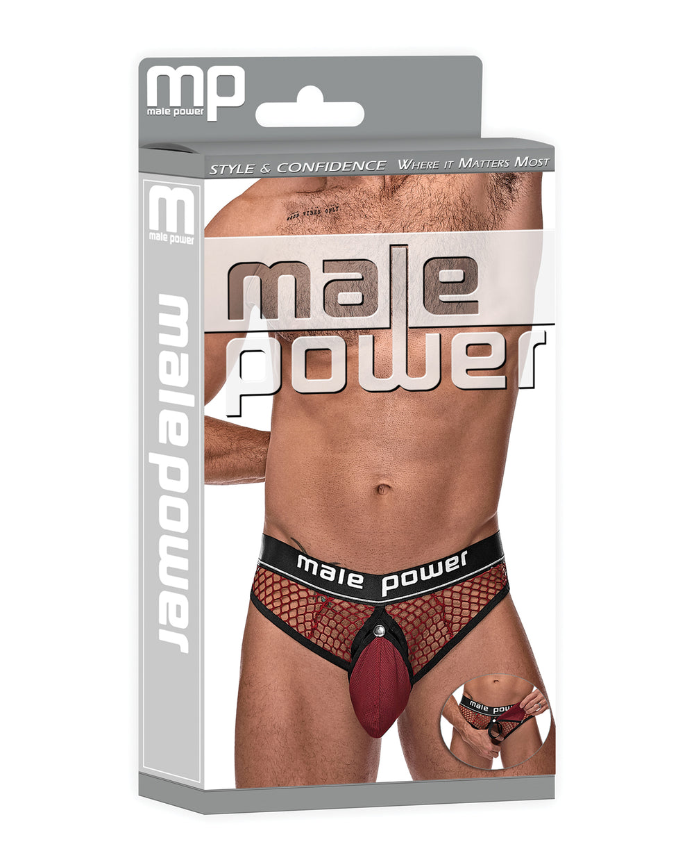 Male Power Cock Pit Fishnet Cock Ring Thong Red S/M