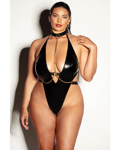 Fetish by Oh la la Cheri FETISH Submissive V-Plunge Vinyl Teddy w/Removable Chain Harness & Hand Cuff Black 1X/2X