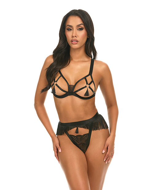 Oh La La Cheri Annika Open Cup 2 pc Set w/Fringe and Tassel Detail - Black L/XL