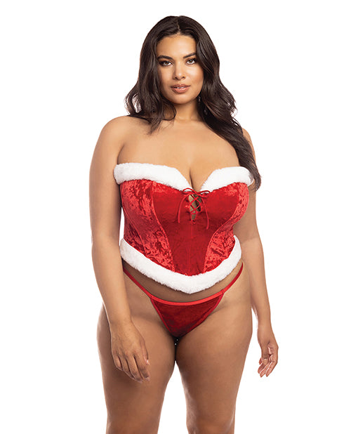 RSVP by Oh la la Cheri Holiday Santa's Entourage Boned Velvet Bustier w/Marabou Trim & G-String Red/White 1X/2X