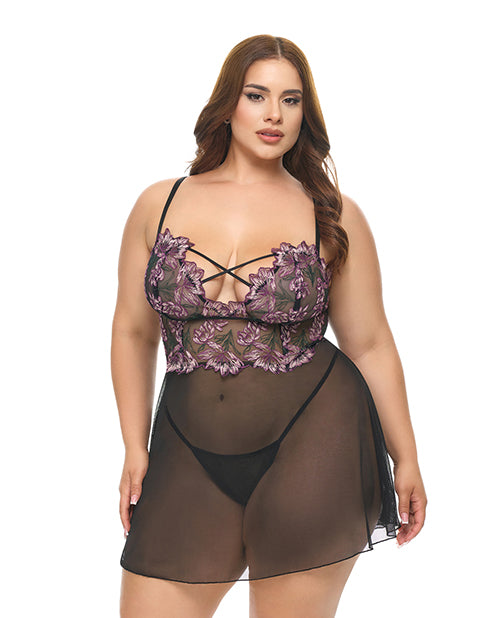 Oh La La Cheri Adela Embroidered Boned Lace and Mesh Babydoll w/G-String 2 pc Set - Black/Pink 2X