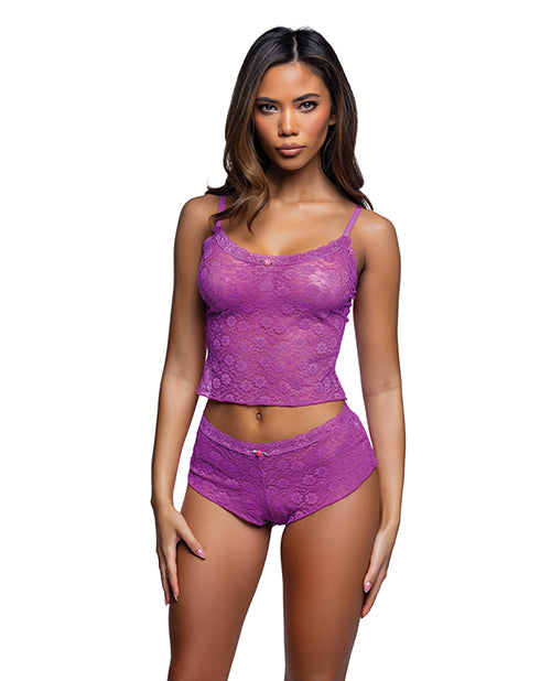 Roma Confidential Lacy Lounger Floral Lace Camisole w/Matching Shorts - Fuchsia S/M