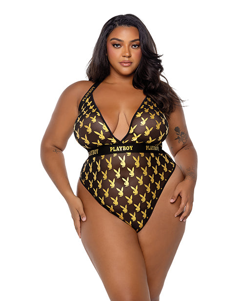 Playboy by Roma Playboy Bunny Gold Foil Halter Teddy - Black/Gold 1X