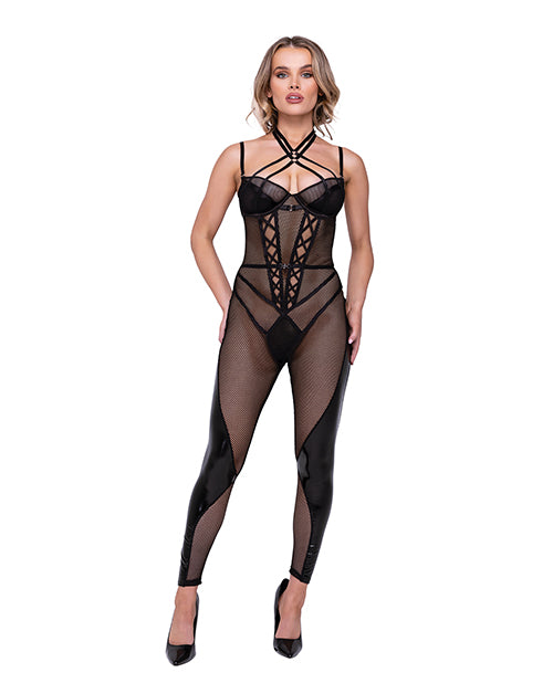 Roma Confidential Flirty Fetish Fishnet & Faux Leather Catsuit w/Satin Trim Black LG