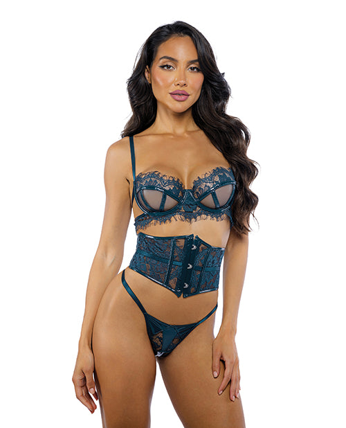 Roma Confidential Eden Scalloped Eyelash Lace & Wet Look Waspie 3 pc Set - Teal LG