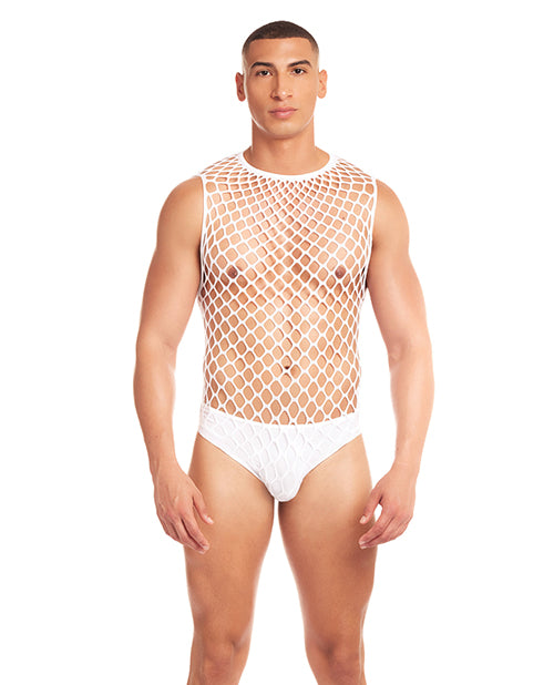 Rene Rofe and Pink Lipstick Rainbow Party Full Effect Large Mesh Unitard 2 pc Set w/Thong - White S/M