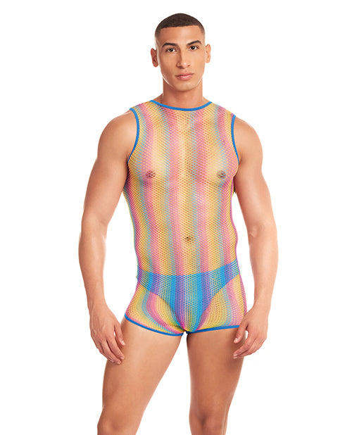 Rene Rofe and Pink Lipstick Rainbow Party Pride Star Mesh Singlet 2 pc Set w/Thong - Rainbow L/XL