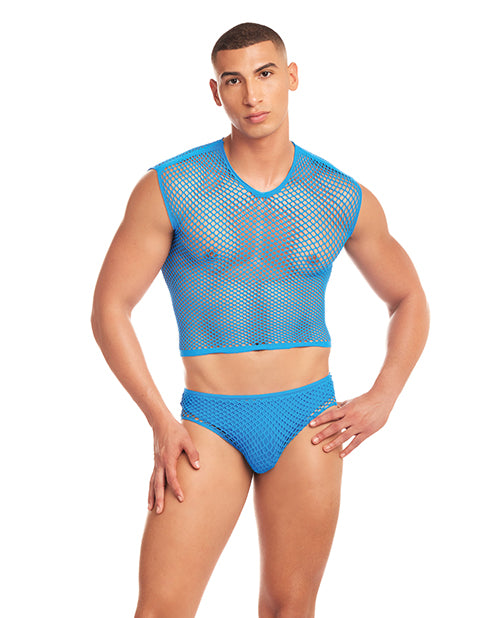 Rainbow Party Rainbow Party Net-Flex Large Mesh 3 pc Set w/Thong - Blue L/XL