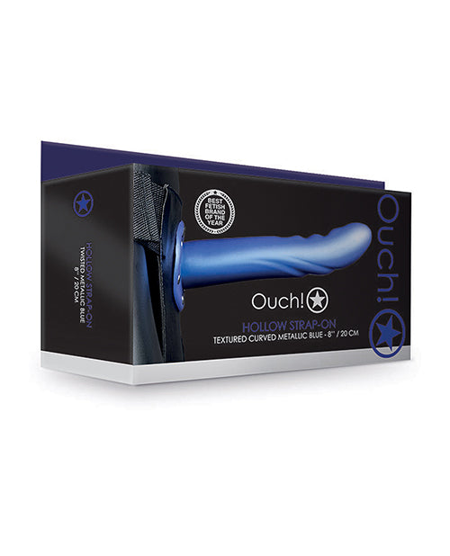 Ouch Shots Ouch 8" Textured Curved Hollow Strap On - Metallic Blue