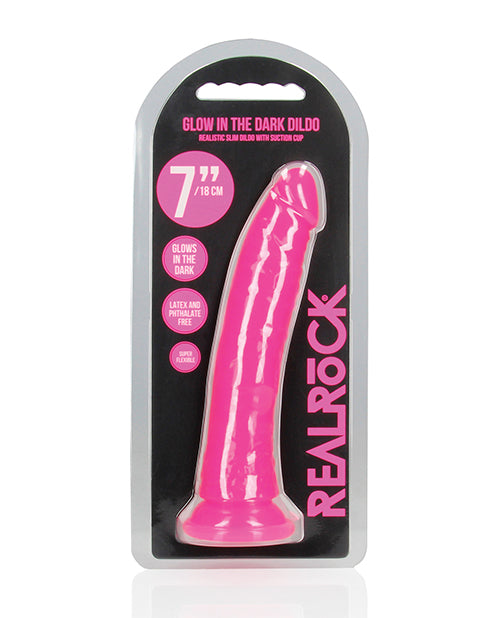 RealRock Shots RealRock 7" Slim Dildo Glow in the Dark - Neon Pink