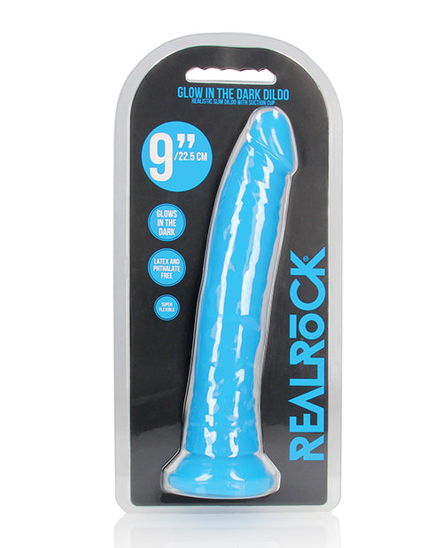 RealRock Shots RealRock 9" Slim Dildo Glow in the Dark - Neon Blue