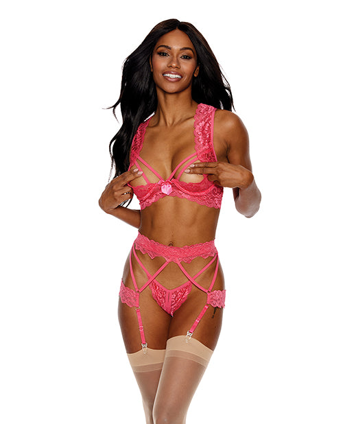 Showtime Lace Underwire Peek a Boo Bra, Garterbelt & G-String Coral LG