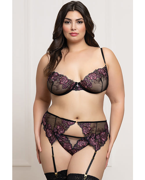 Seven 'til Midnight Floral Lace and Mesh Underwire Bra w/Garter & Thong 3 pc Set - Black/Purple 3X/4X