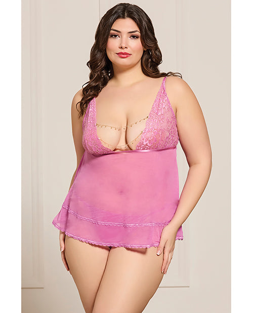 Seven 'til Midnight Lace and Mesh Babydoll w/Thong & Rhinestone Detail - Pink QN