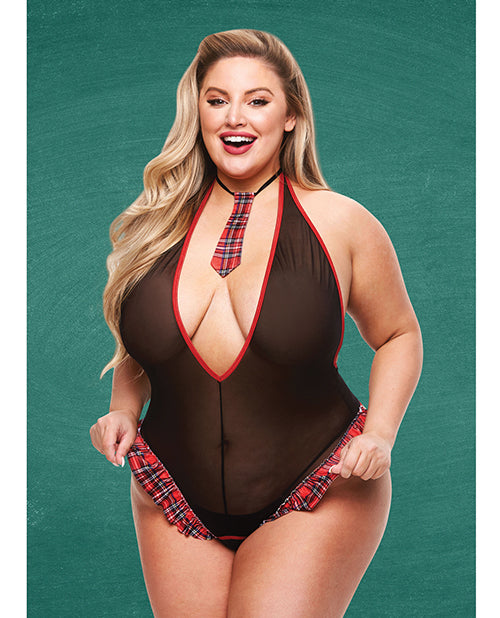 Teacher's Pet Teacher's Pet Schoolgirl See Thru Crotchless Teddy w/Tie Black/Red QN