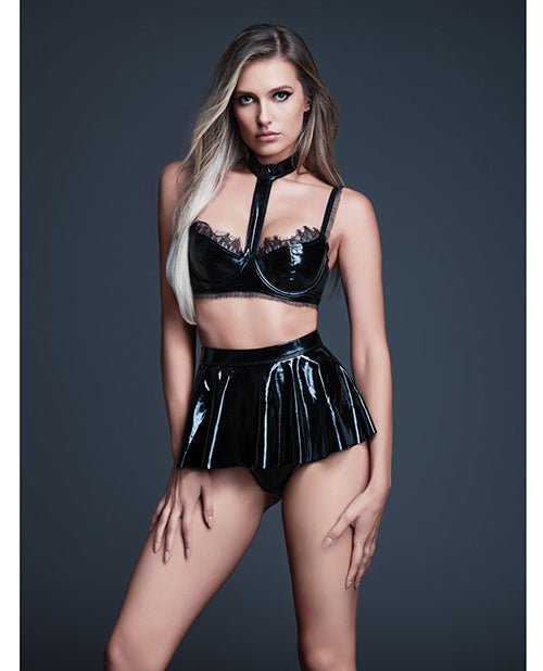 Allure Allure Naughty Nights Latex Look Vinyl and Lace Choker Bra & Mini Skirt 2 pc Set - Black SM