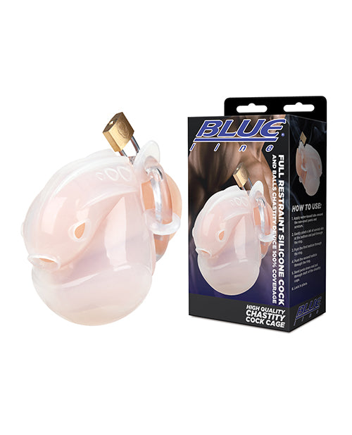 Blue Line Full Restraint Silicone Cock & Balls Chastity Device - 100% Coverage White