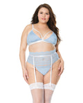 Coquette Scallop Stretch Lace Bra, Garter Belt & G-String Light Blue/White 2X
