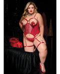 Coquette Metallic Stretch Scallop Lace and Mesh Bustier w/Thong - Red 1X/2X - Image 3
