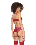 Coquette Metallic Stretch Lace Underwire Bra w/Crotchless Garter Panty - Red MD - Image 2