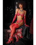 Coquette Metallic Stretch Lace Underwire Bra w/Crotchless Garter Panty - Red MD - Image 3