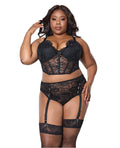 Coquette Lace Bustier w/Padded Cups & Gartered Thong Panty 2 pc Set - Black 1X/2X
