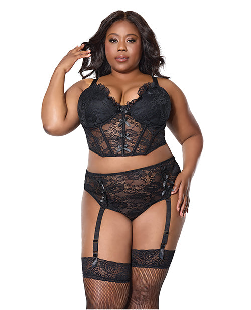 Coquette Lace Bustier w/Padded Cups & Gartered Thong Panty 2 pc Set - Black 1X/2X