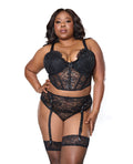 Coquette Lace Bustier w/Padded Cups & Gartered Thong Panty 2 pc Set - Black 3X/4X - Image 2