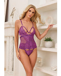 Coquette Metallic Stretch Lace & Mesh Teddy w/Detachable Panty - Purple MD - Image 5